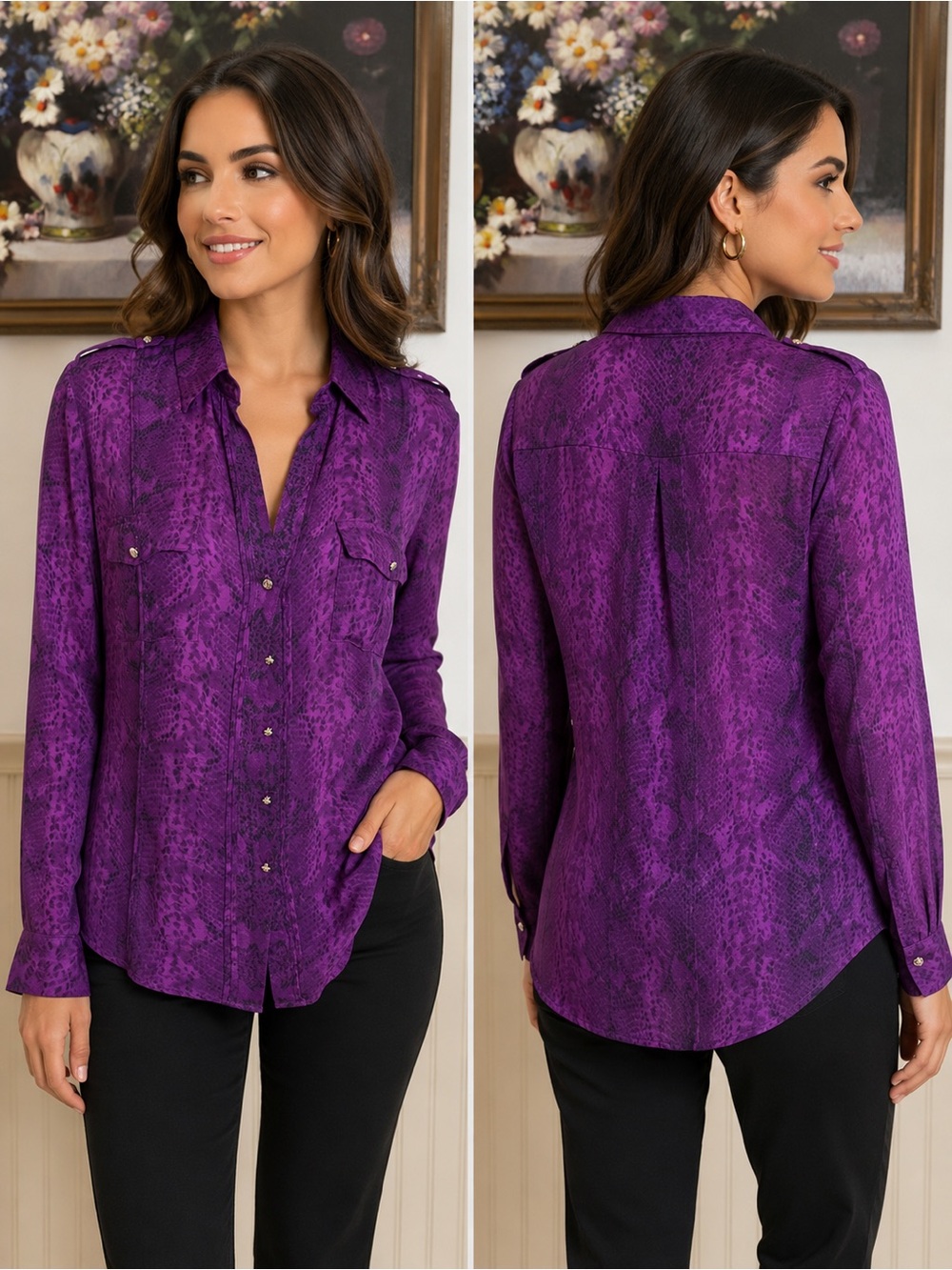 White House Black Market Purple Snake-Print 100% Silk Button Down Shirt
